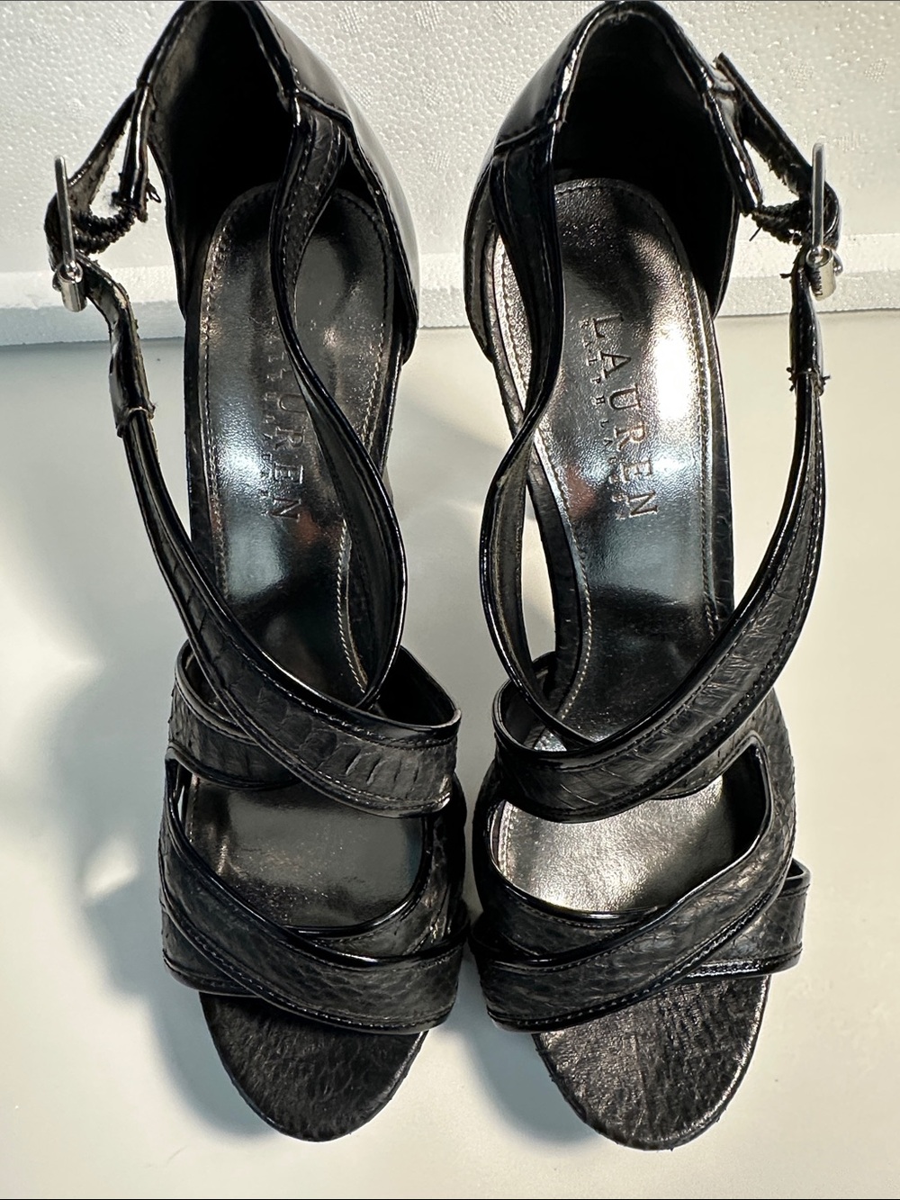 Ralph Lauren Black Strappy Platform Heels Leather Finish Women's  Size 7 1/2 B